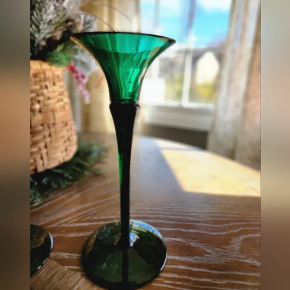 Oneida Hand Cut and Blown Christmas Green tapered candle holders - Picture 2 of 5